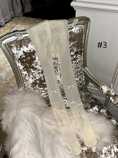 ラインストーンリボンドット柄タイツ