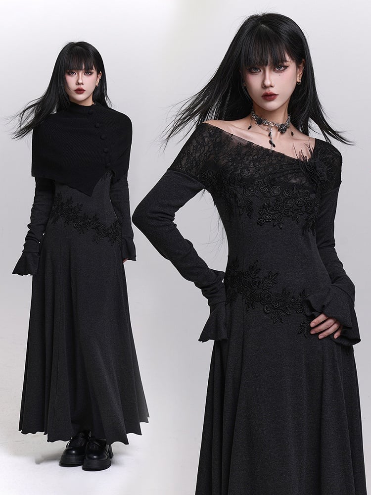 Black One-Shoulder Fleece Lining Maxi Dress with Bell Sleeves and Floral Lace Embroidery