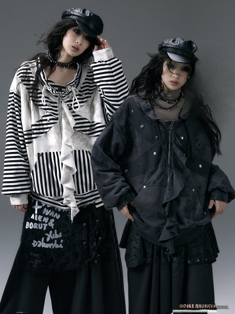Black and White Stripe Print Jacket with Flounce Hem