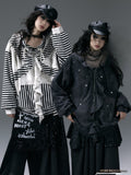 Black and White Stripe Print Jacket with Flounce Hem
