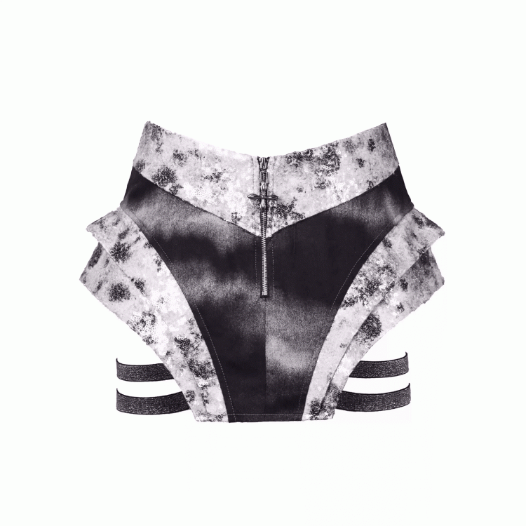 Fashion Asymmetrical Skort Y3K Futuristic Black and Silver Low-Waist Side Elastic Bands Cyberpunk