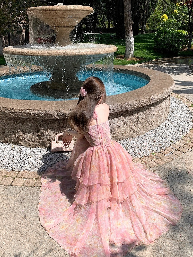 Pink Oil Painting Print Ruffle Trim Summer Holiday Dress - Qchiwawameme