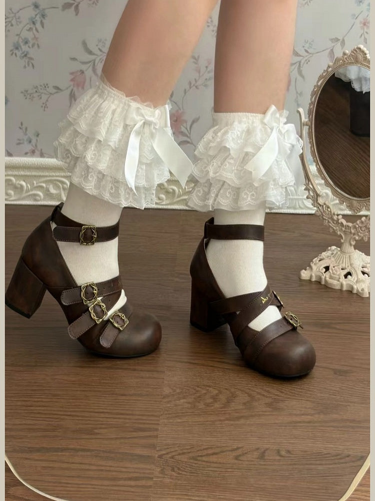 Brown Round-Toe Shoes with Square Buckle Straps and 6cm Heel - Dita Lolita Shoes