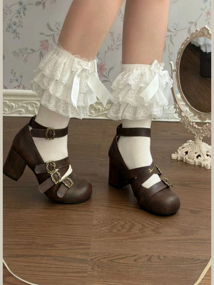 Brown Round-Toe Shoes with Square Buckle Straps and 6cm Heel - Dita Lolita Shoes