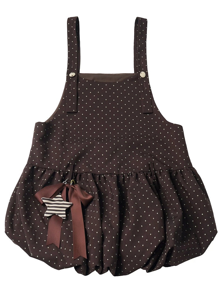 Kawaii Coffee Polka Dot Bubble Overall Skirt with Star Bow Charms - PINK SAVIOR