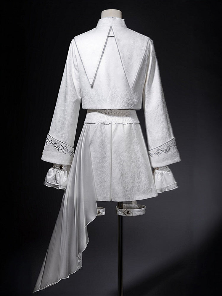 Silver & White Ouji Military Lolita Jacquard Cropped Coat + Cross Embroidery Asymmetric High Waist Shorts + Long Sleeves Shirt + Detachable Collar Set - Unknown Star