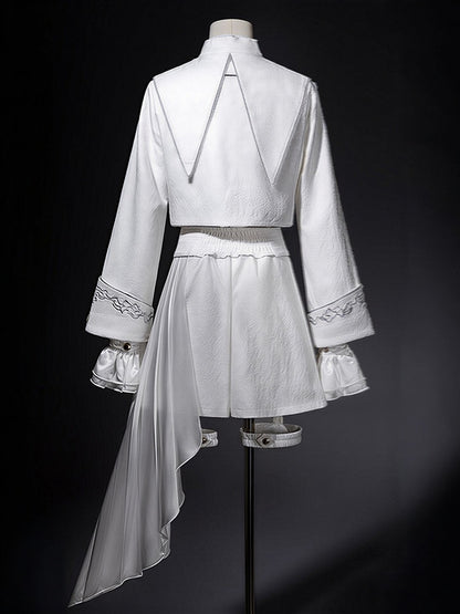 Silver & White Ouji Military Lolita Jacquard Cropped Coat + Cross Embroidery Asymmetric High Waist Shorts + Long Sleeves Shirt + Detachable Collar Set - Unknown Star