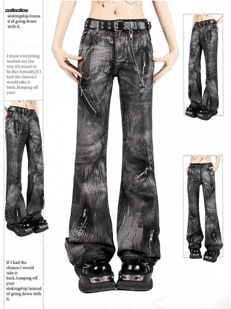 Graffiti Design Jeans Punk Black Asymmetrical Vintage Low-Rise with Zipper