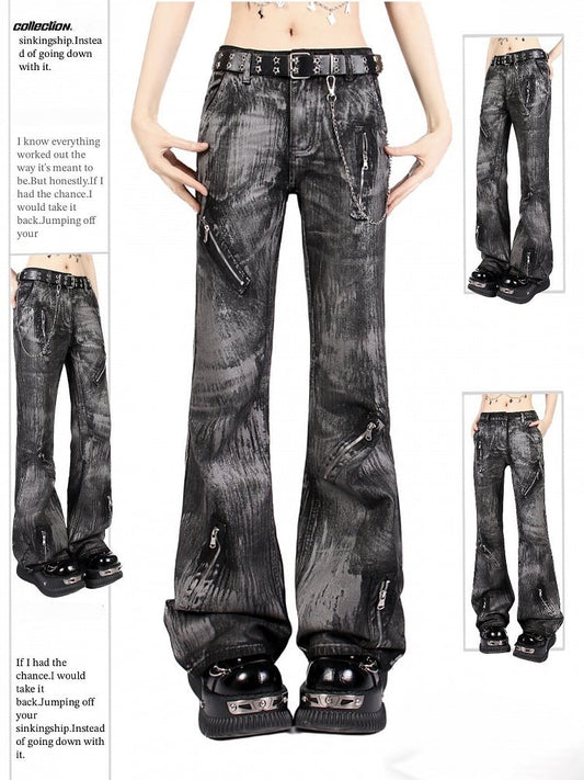 Graffiti Design Jeans Punk Black Asymmetrical Vintage Low-Rise with Zipper