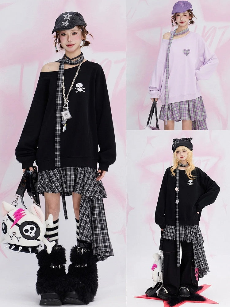 Black Plaid Patchwork Fake Two-piece Sweatshirt Dress Asymmetrical Hem with Free Scarf