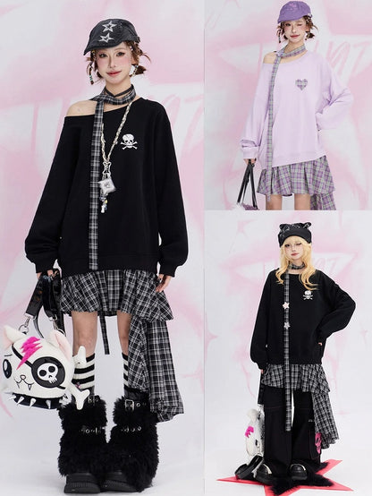 Black Plaid Patchwork Fake Two-piece Sweatshirt Dress Asymmetrical Hem with Free Scarf