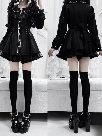 Black Jirai-Kei Lace Long Sleeve Dress with Bow & Bead Decorations + Shorts - AOSpace
