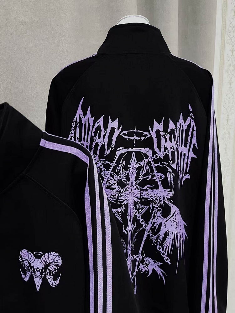 Jacket Print Gothic Jirai Cross Purple Long-Sleeve Kei Black