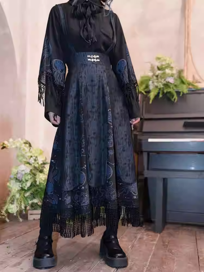 Style Skirt Overalls Straps Print Detachable Blue Jellyfish Black Tassel Hem with Cheongsam
