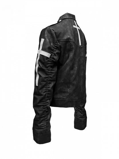 Genderless Punk Black Double-Breasted Decorative Faux Leather Jacket with Cross Pattern - DETW OnLine