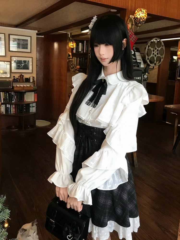 Bow High-Waisted Blouse + White Decor Kei Black Ruffle - Lace Skirt Plaid with Set Jirai
