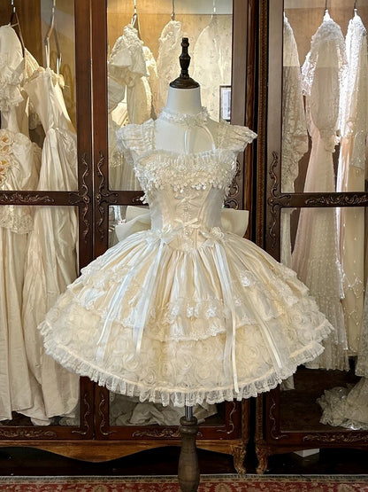 Blooming Hime Layered Lace Dress Lolita Accents Flower with Fluffy Champagne Waist Basque