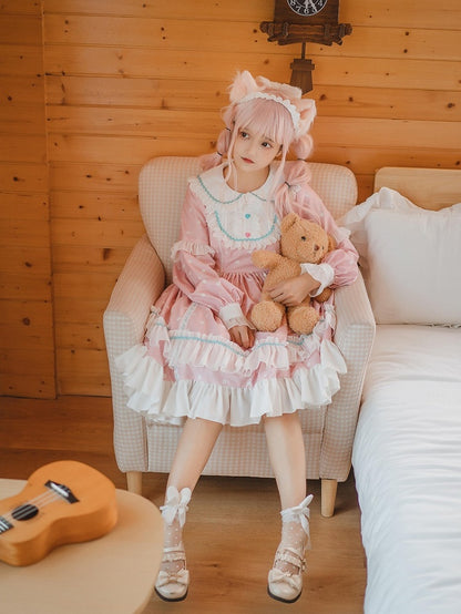 Polka Pink with Dress Ruffle Long Dot Sweet Sleeve Lolita OP Details