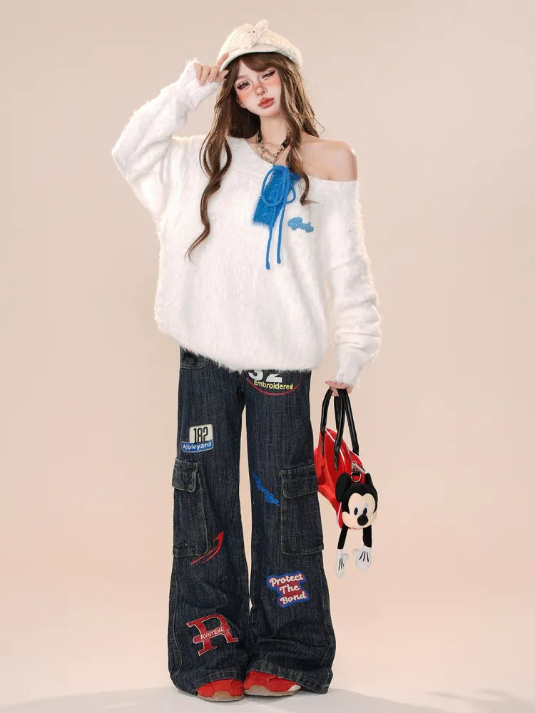 Cargo Jeans High Leg Dunkelblau Wide Street