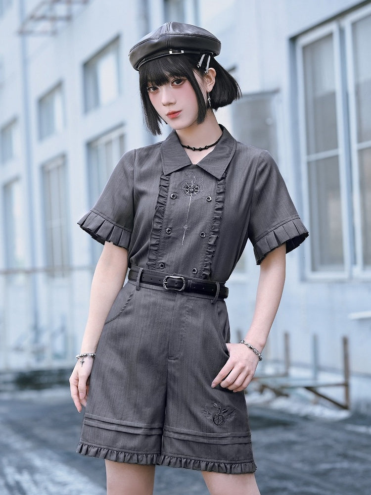 Gray Apple Embroidered Shorts with Ruffle Trim - Quirky Hut