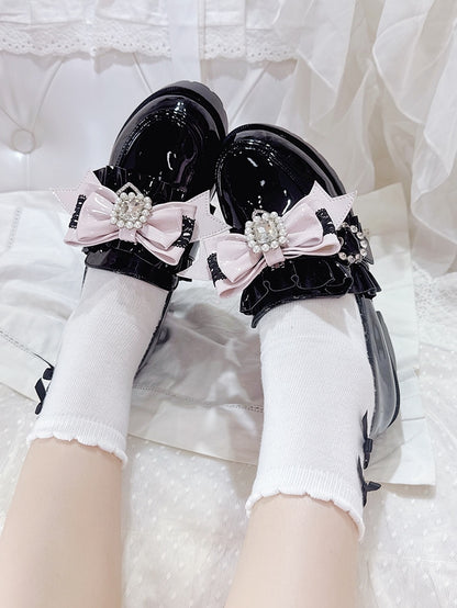 Pink Bowknot Decor Kei Shoe Jirai Black Pink/White Clips Beaded -
