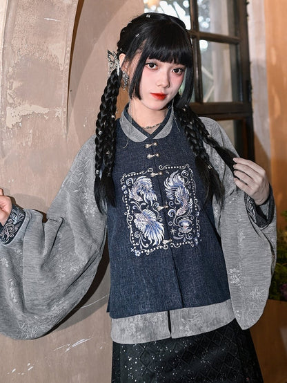 Chinese Vest Neck - Buttons Style Square Beaded Goldfish Navy Embroidery with Blue