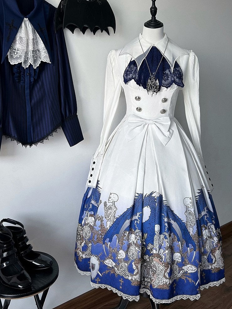 Cross and Blue Gothic Lace Trim with Skeleton Print Lolita Under Bust Dress White