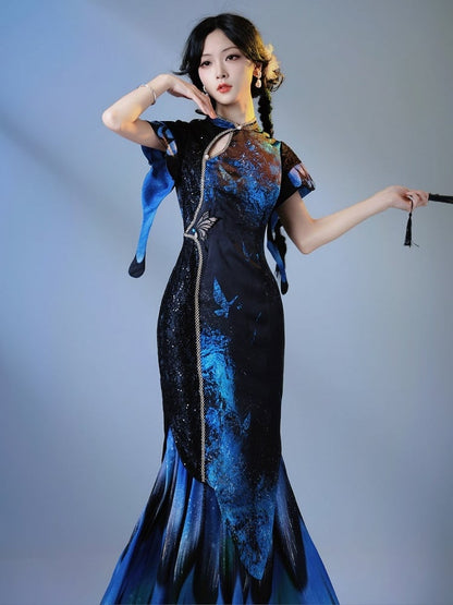 Satin Black & Blue Butterfly Cheongsam Long Dress with Floral Print - sijinstudio