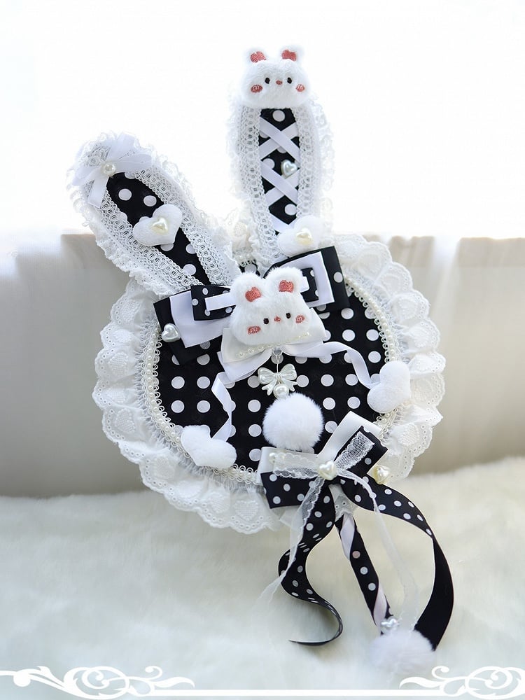With Lace Pattern Plush Color Bowknot Circular Bunny Polka-dot Ear Options Trim Details 5 Fan