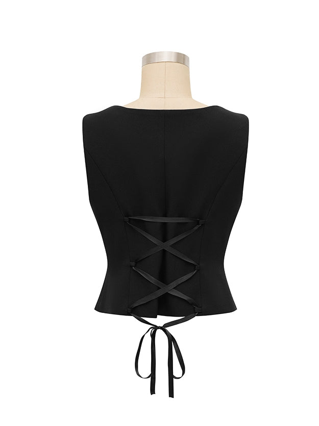 Black Waistcoat with Gothic Bat Wing Collar and Rear Lace-Up Detail - LAgreability