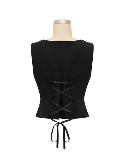 Black Waistcoat with Gothic Bat Wing Collar and Rear Lace-Up Detail - LAgreability