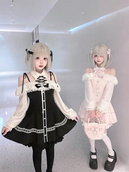 Monochrome Jirai-Kei Two-Piece Ensemble - Off-Shoulder Lace Long Sleeve Gown + Coordinating Shorts - Puppet Bombs