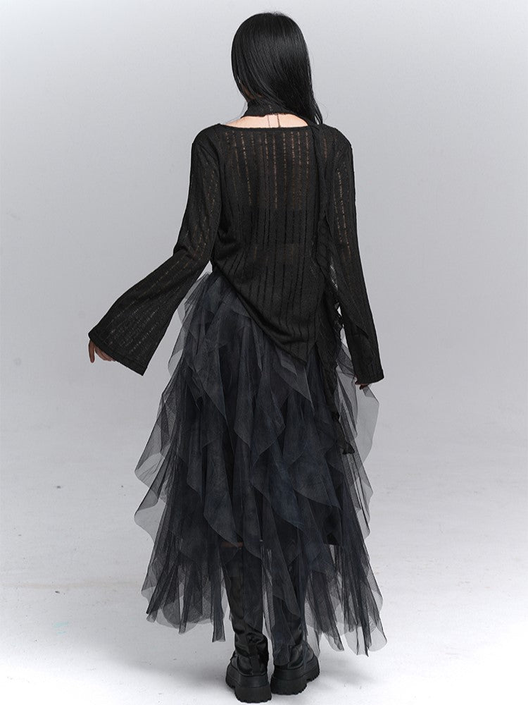 Slit with Top Knit Asymmetrical Neck Black Gothic Side Cowl