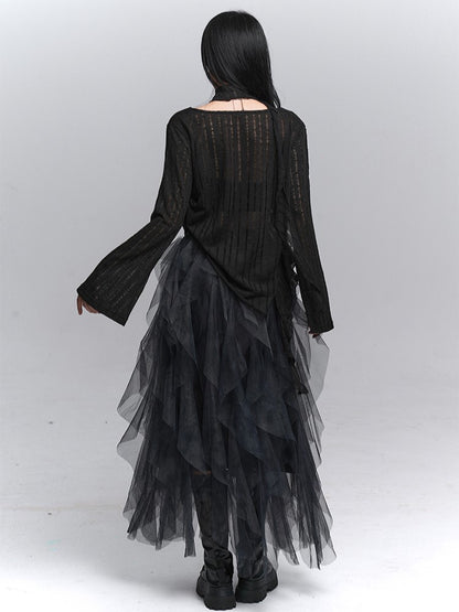 Slit with Top Knit Asymmetrical Neck Black Gothic Side Cowl