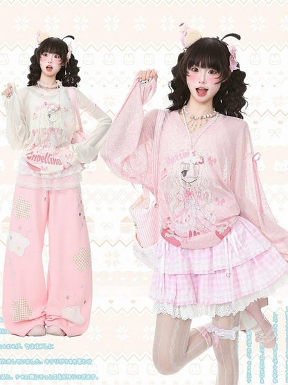 Pink Long Sleeve Sun Top with Girl Print & Ribbon Detail - Languid Park