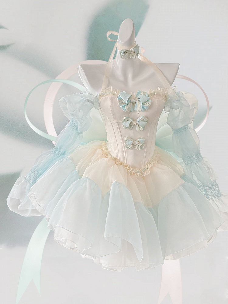 Grünes Mieder-Korsett-Oberteil mit Schleifenverzierung und bauschigem Rock, gelbes Balletcore-Set