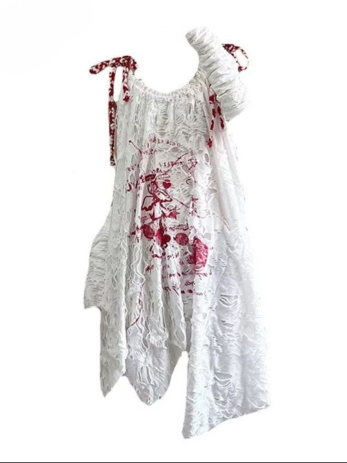 袖付きホワイトデザインカットアウトキャミソールプリントドレスの詳細Y2K