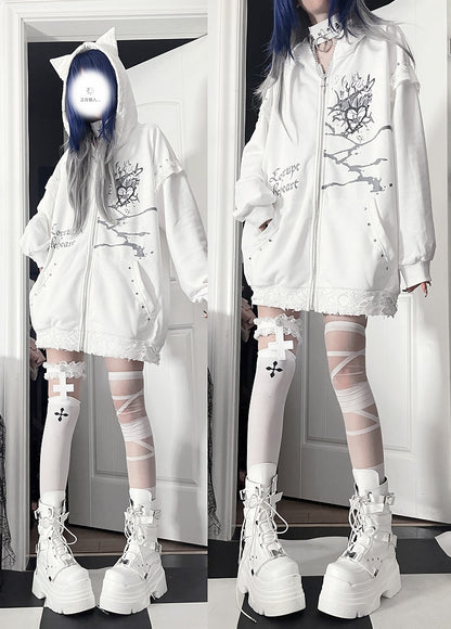Jacketwith Ear Studded Cat White Zip-up Gray Hoodie HeartLetter Print