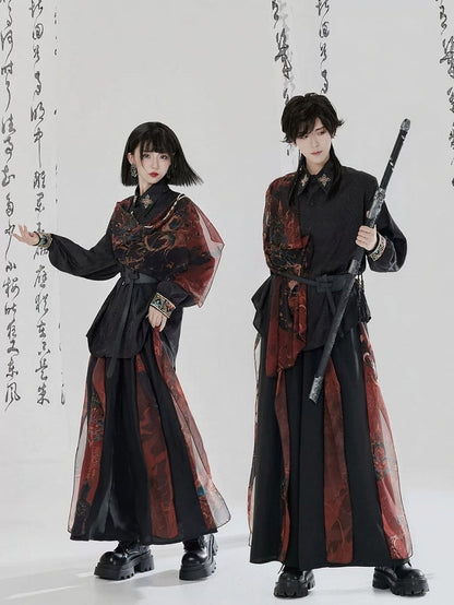 Set Pants BlackRed Pendant + Chain Shirt Embroidered Chinese-style Hanfu Waist