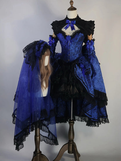 Klein Blue Black Gothic Corset Ensemble Skirt Collar Bell Sleeves - Somnium Isle
