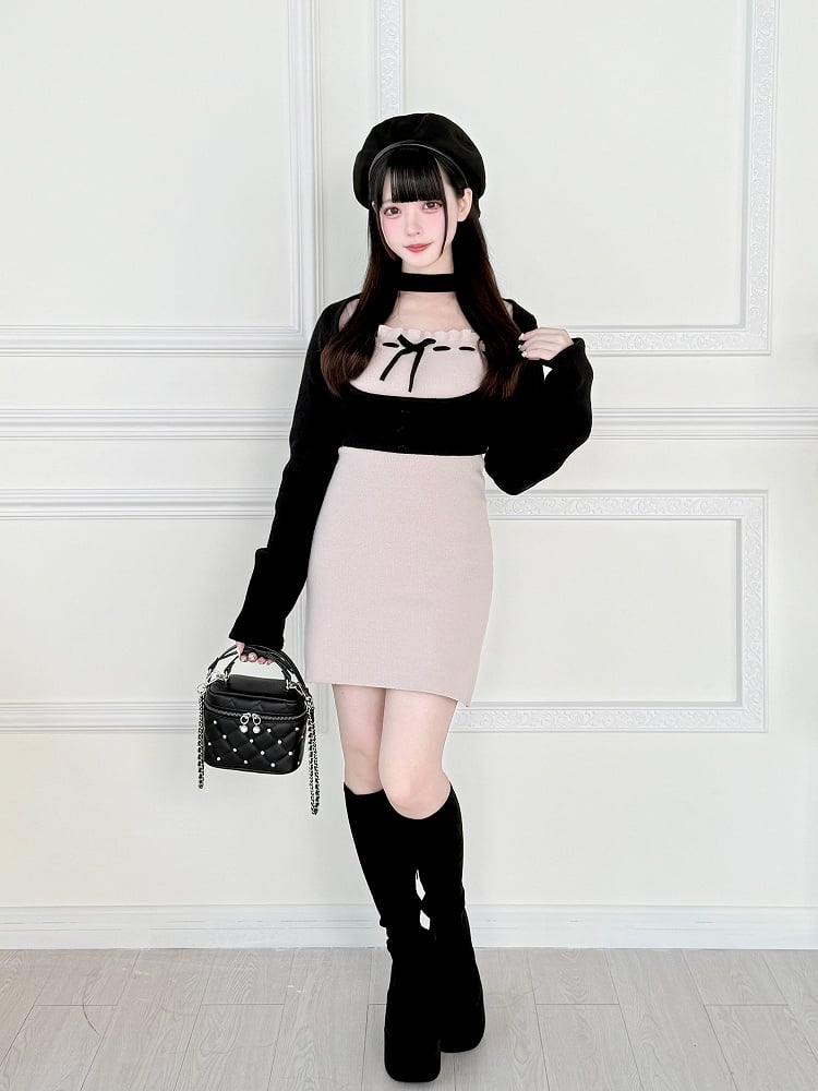 Slip Two-Piece with Dress Set: Black Kei Top Jirai Elegant Open-Bust Pink