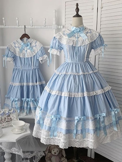 Dress Cotton Old Sleeves Edward Blue Neck Short Lolita OP Set School
