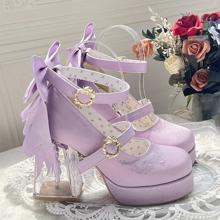 Light Purple Koi Fish Charm High Block Heel Satin Platform Mary Janes with Detachable Bowknot - Floating Dream Realm