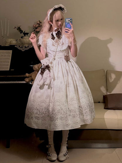 Lolita Bowknot White Floral Version One and Long Piece Embroidery Bodice Classic