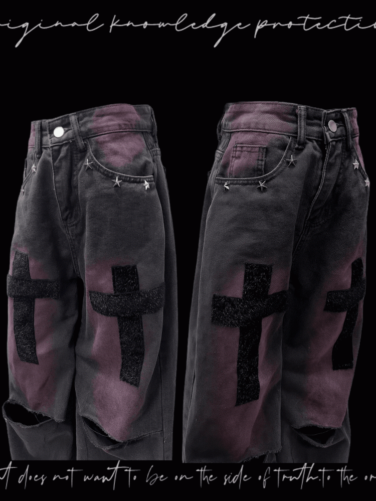 Studded Y2K Black and Purple Cross Applique Straight-Leg Jeans Distressed Holes Glamorous