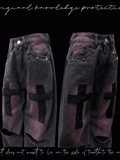 Studded Y2K Black and Purple Cross Applique Straight-Leg Jeans Distressed Holes Glamorous