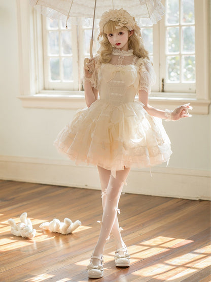 ドレス プリンセス ロリータ ホワイト ウエスト リボン ボウ ビーズ バスク スカート クリーミー