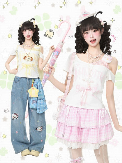 Yellow Off-Shoulder Tee with Bow and Kitty Motif - Languid Park