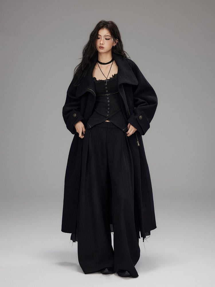 Wide Leg Black Loose Pants with Slant Front Pockets - Low pixel