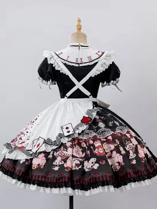 Sweet Lolita Apron Dress OP Full Set with Bunny & Teapot Print in Black and Red - Ying Luo Fu